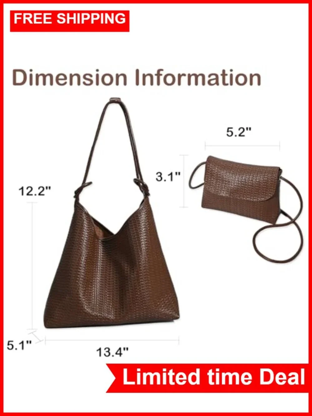 2-Piece Woven Texture Hobo Bag Set Vegan Leather Tote & Clutch Large Capacity